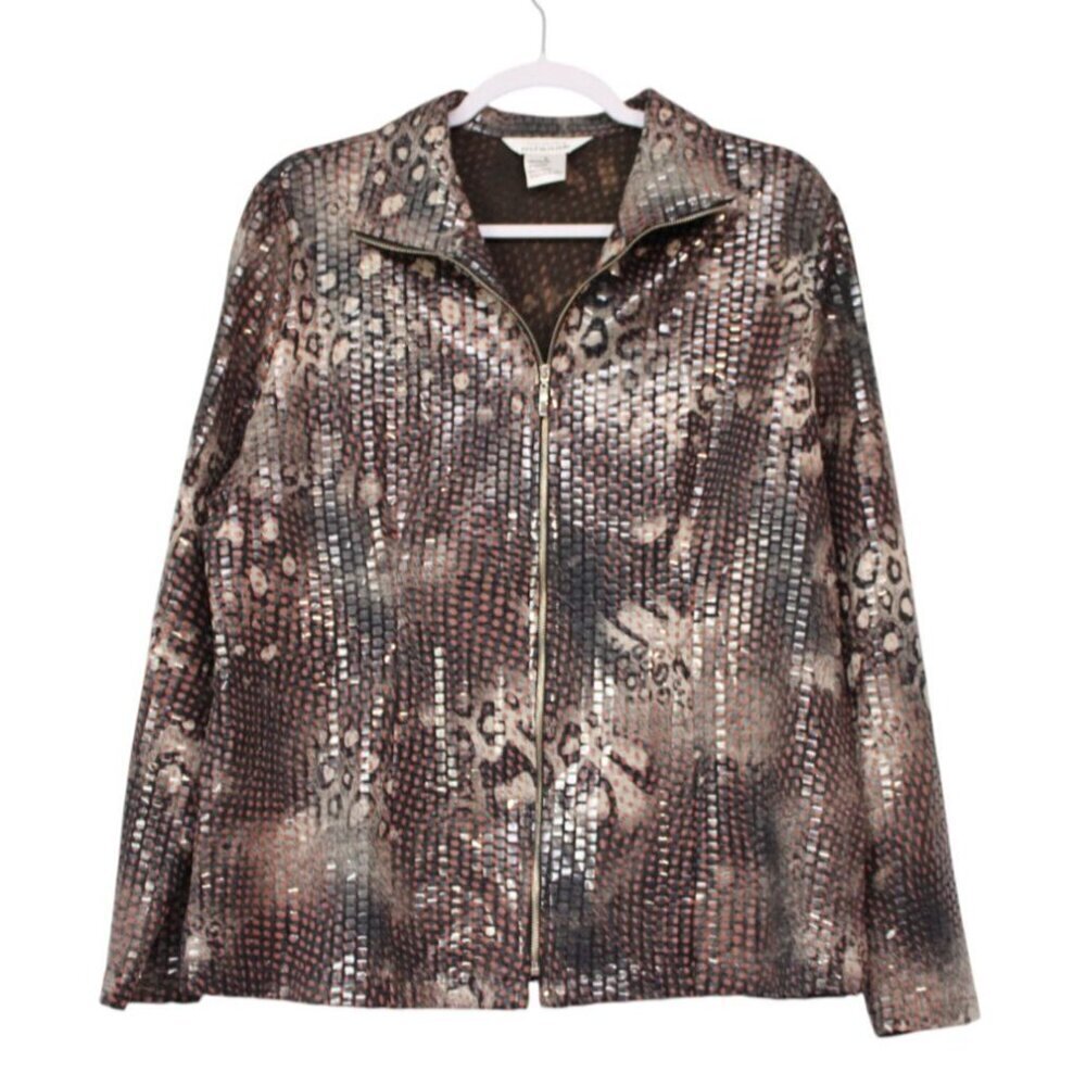 Exclusively Misook Full Zip Jacket Cardigan Large Sequin Animal Print Art Disco